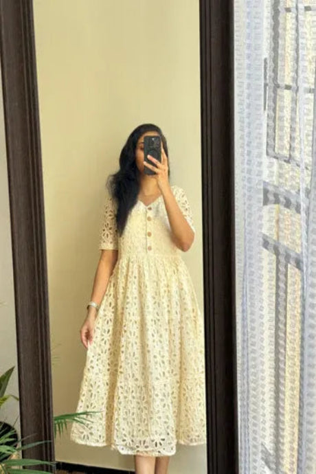 Elegant White Cotton Lace Midi Dress for Women Summer Korean Style Dress
