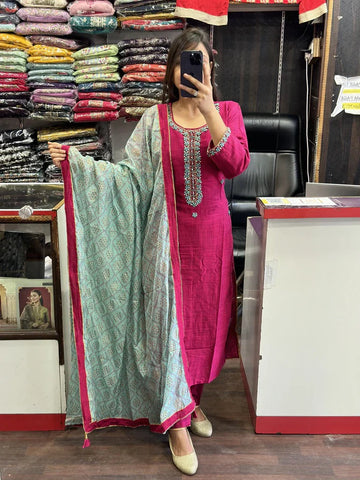 Magenta Embroidered Kurta Set with Aqua Printed Dupatta