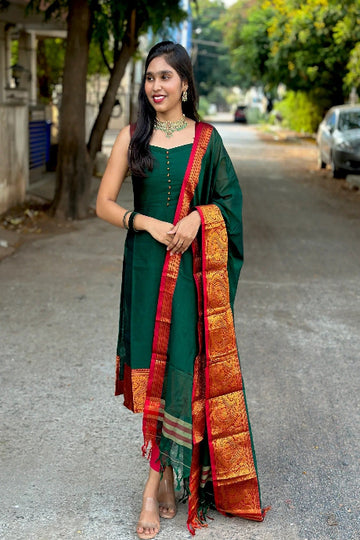 Dark Green Straight Kurti with Red & Gold Woven Dupatta