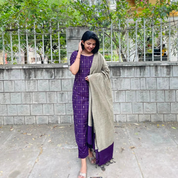 Purple Checkered Straight Kurta Set with Contrast Dupatta   Elegant Office & Daily Wear