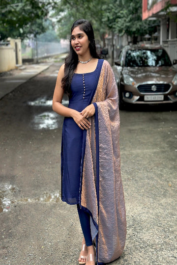 Navy Blue Solid Kurta Set with Contrast Dupatta