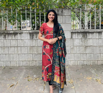Red Floral Printed Straight Kurta Set with Contrast Dupatta  Elegant Daily & Festive Wear
