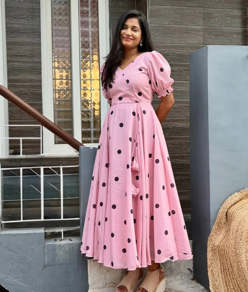 Elegant Pink Polka Dot Midi Dress for Women Premium Casual Wear