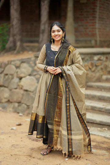 Beige & Black Handloom Cotton Kurta Set with Dupatta