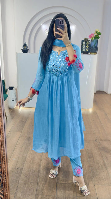 Elegant Sky Blue Embroidered Kurta Set for Women | Premium Ethnic Wear Xaveille Stylish Blue Traditional Suit with Dupatta Festive Fashion Collection