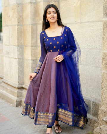 Navy Blue Embroidered Anarkali Suit with Mauve Flare & Dupatta