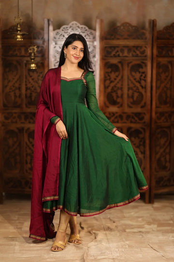 Dark Green Anarkali Kurta Set with Maroon Dupatta