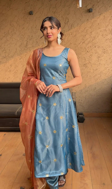 Sky Blue Silk Kurta Set with Golden Butti Work and Peach Dupatta