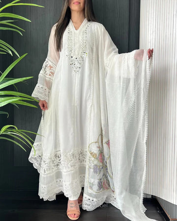 White Chikankari Embroidered Kurta Set with Lace Detailing & Dupatta