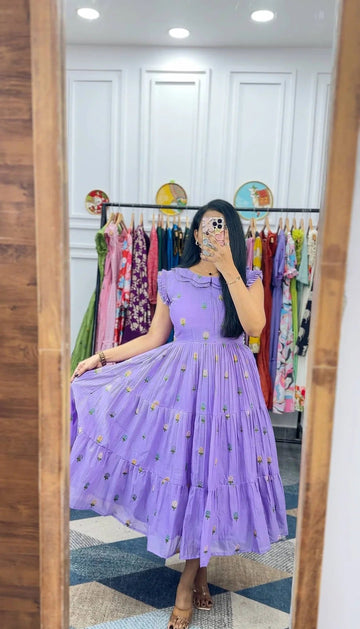 Elegant Lavender Floral Midi Dress for Women Premium Casual Wear