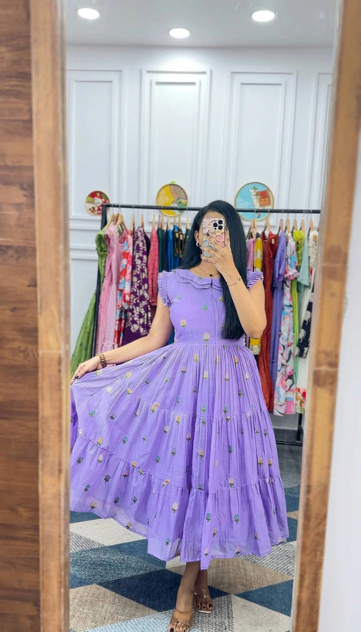 Elegant Lavender Floral Midi Dress for Women Premium Casual Wear
