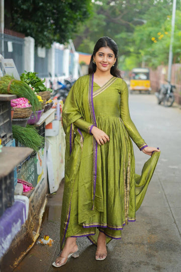Olive Green Cotton Anarkali Kurti Set with Purple Border Dupatta  Elegant Festive & Daily Wear