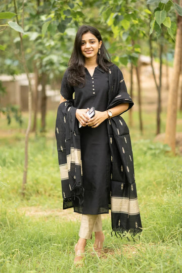 Black Cotton Kurta Set with Gold Motif Dupatta