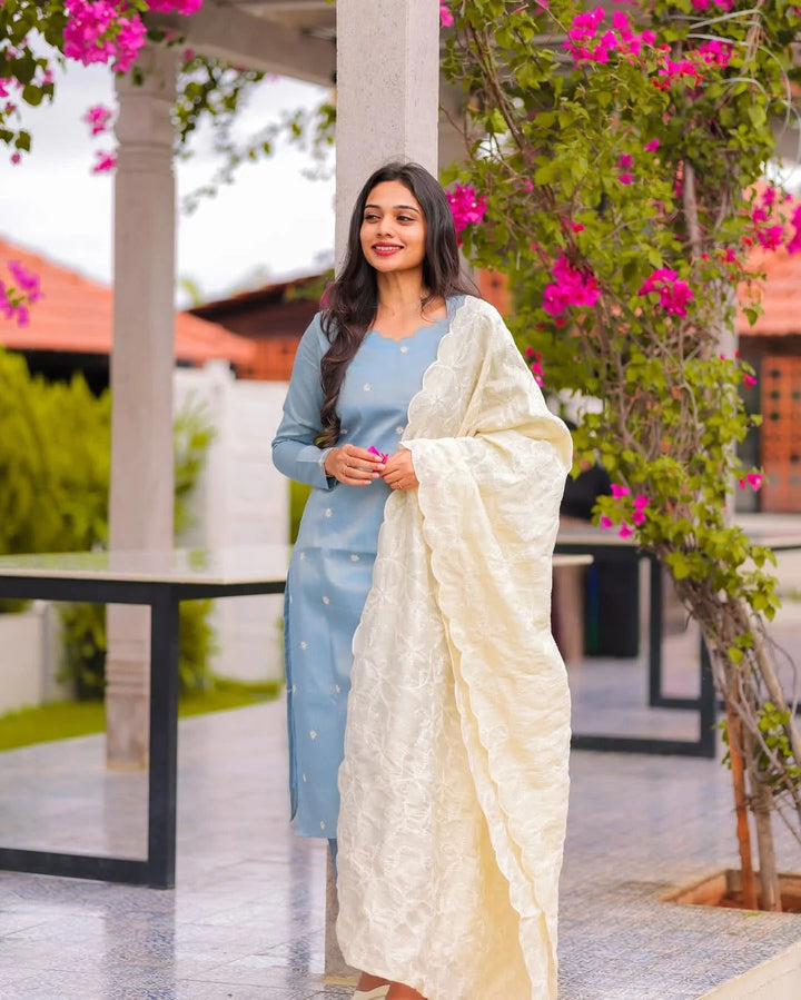 Sky Blue Kurta Set for Women with White Dupatta Elegant Ethnic Wear