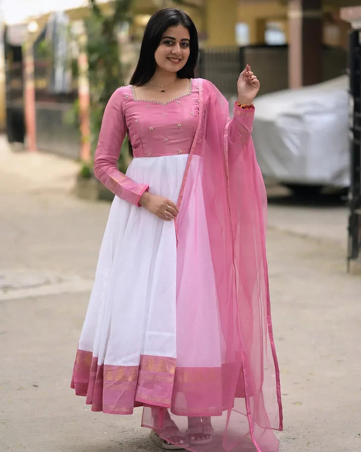 Pink & White Anarkali Kurta Set for Women Elegant Ethnic Wear