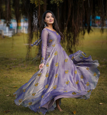 Lavender Embroidered Flared Gown with Peacock Motifs