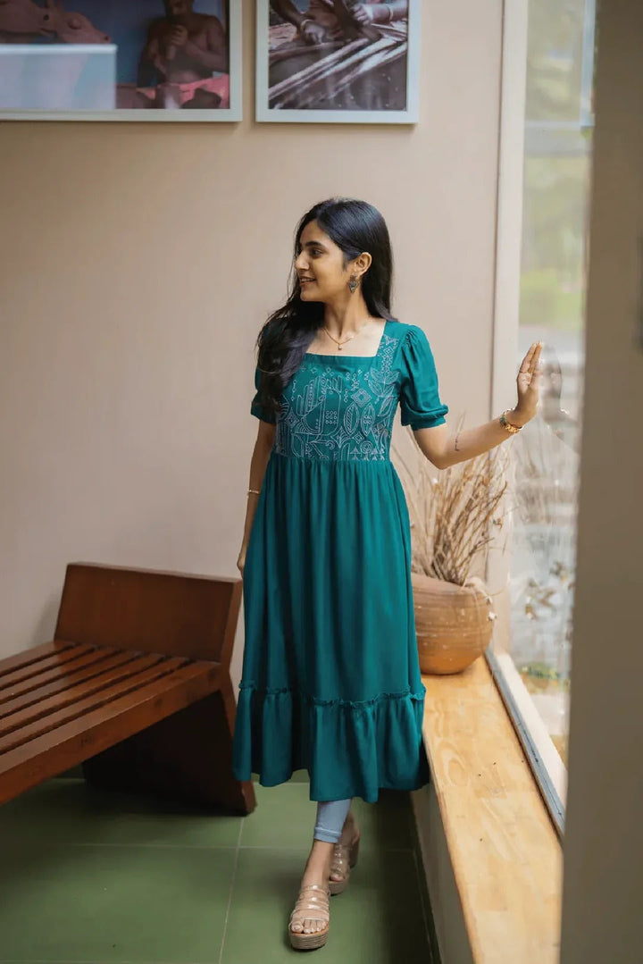 Elegant Teal Green Midi Dress for Women Premium Casual Wear