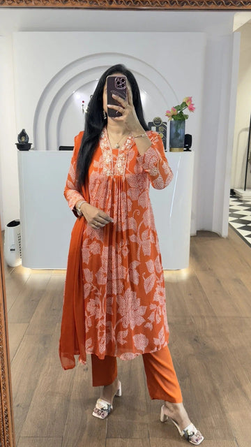 Elegant Orange Floral Kurta Set for Women Premium Ethnic Wear