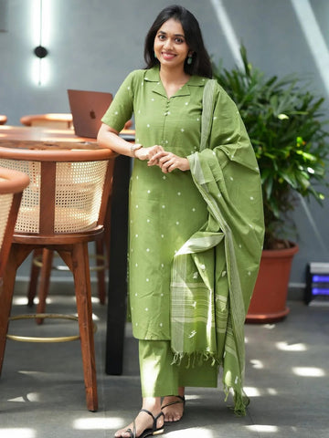 Olive Green Cotton Kurta Pant Set with Printed Dupatta