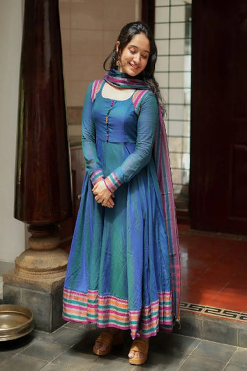 Blue Ombre Anarkali Kurta Set with Contrast Border Dupatta