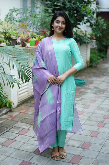 Mint Green Cotton Kurta Set with Lavender Dupatta