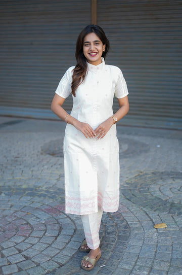 White Printed Straight Kurta Pant Set  Minimal Office & Daily Wear Ethnic Outfit