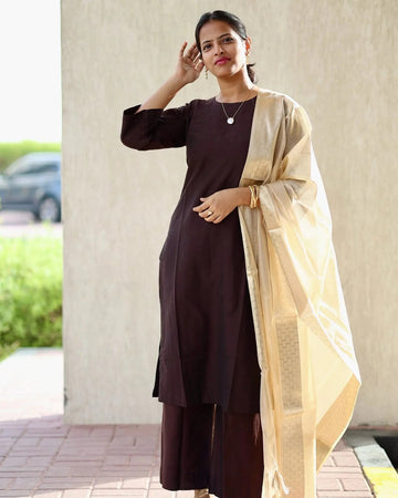 Chocolate Brown Straight Kurta Palazzo Set with Beige Woven Dupatta