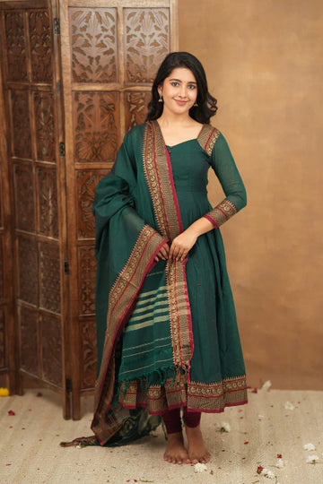 Bottle Green Anarkali Kurta Set with Woven Border Dupatta