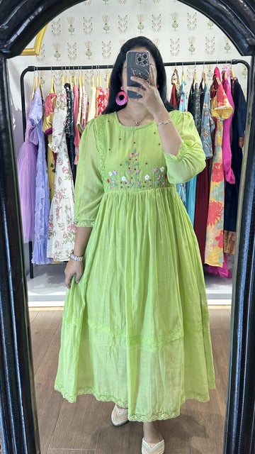 Lime Green Embroidered Cotton Anarkali Kurta with Lace Detailing