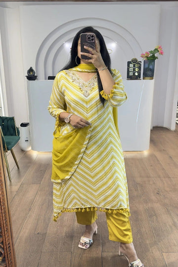 Mustard Yellow Chevron Printed Kurta Set with Dupatta