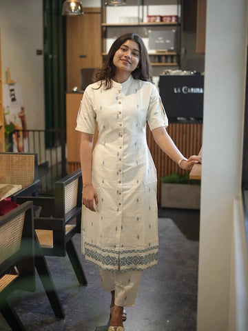 Ivory White Printed Straight Kurta Set with Pants