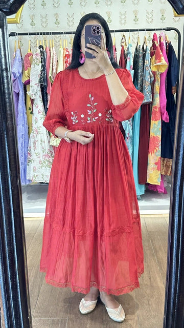 Red Embroidered Anarkali Kurti for Women