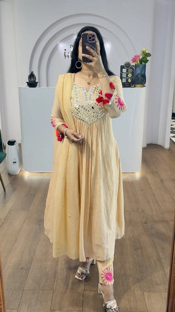 Cream Beige Mirror Work Kurta Pant Set with Dupatta