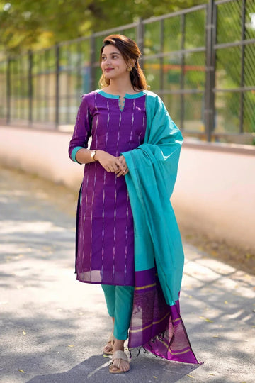 Purple Cotton Kurta Set with Teal Dupatta