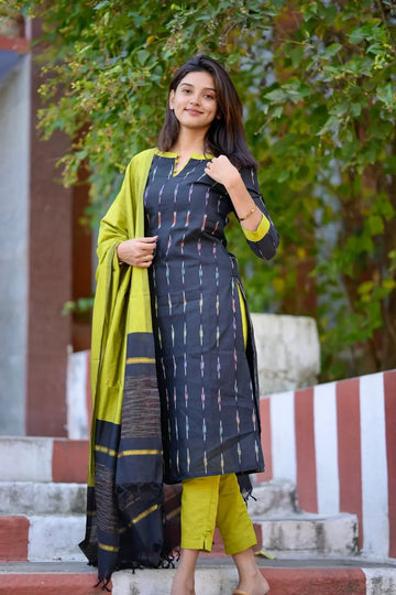 Black Cotton Kurta Set with Olive Green Dupatta
