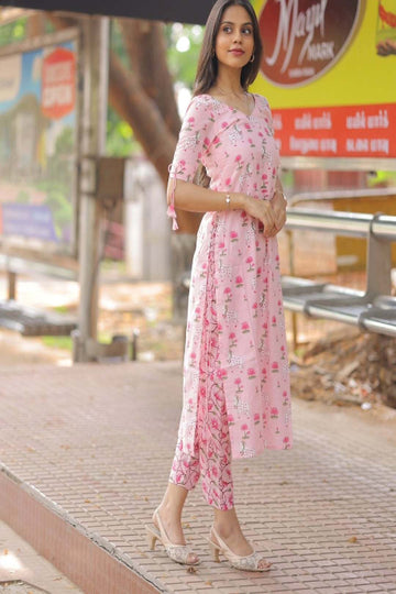 Baby Pink Floral Printed Kurta Pant Set with Side Tie Detail