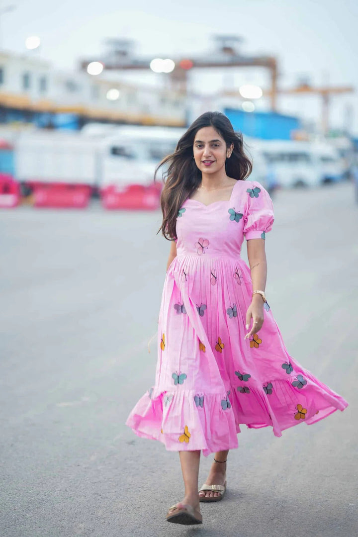 Elegant Pink Floral Midi Dress for Women Premium Casual Wear
