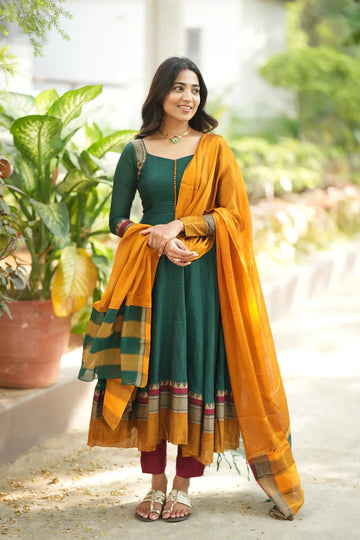Dark Green Anarkali Kurta Set with Mustard Dupatta