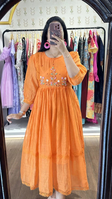Orange Embroidered Flared Anarkali Kurti