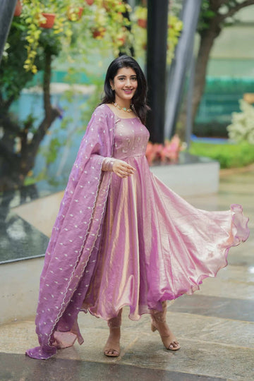Lavender Purple Flared Anarkali Gown with Embroidered Dupatta