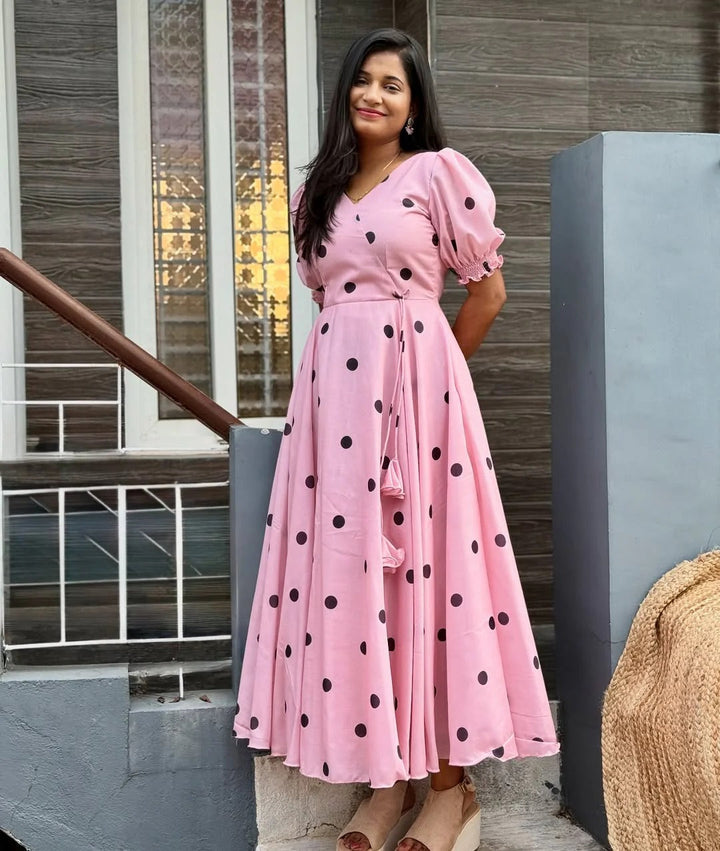 Elegant Pink Polka Dot Midi Dress for Women Premium Casual Wear