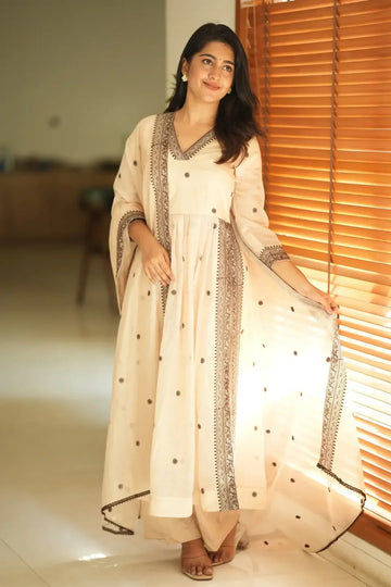 Ivory Embroidered Anarkali Kurta Set with Printed Dupatta