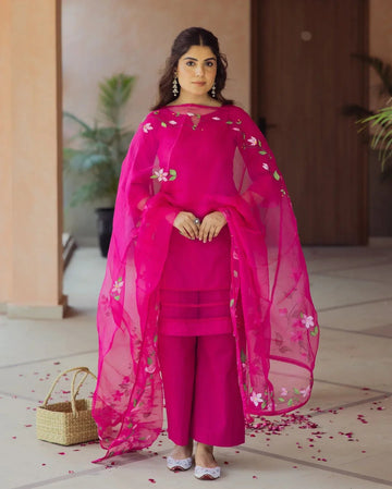 Hot Pink Embroidered Kurta Palazzo Set with Sheer Floral Dupatta