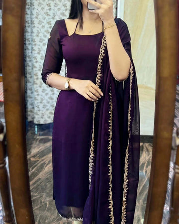 Wine Purple Straight Kurta Set with Embroidered Dupatta