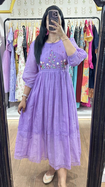 Lavender Embroidered Cotton Flared Kurti Dress