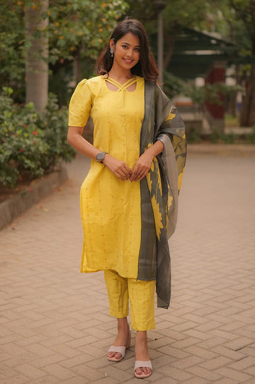 Mustard Yellow Cotton Kurta Set with Grey Printed Dupatta