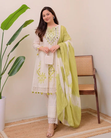 Off White Embroidered Kurta Set with Lime Green Dupatta