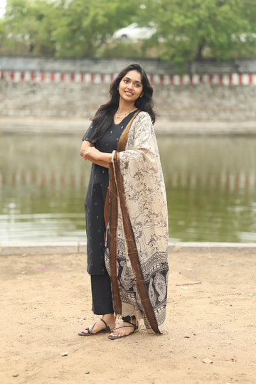 Black Printed Kurta Pant Set with Beige Kalamkari Dupatta
