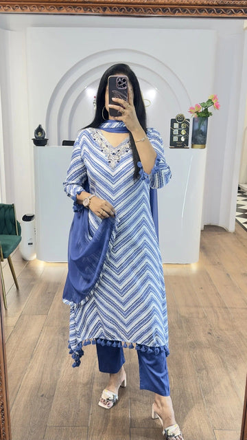 Elegant Blue Zigzag Kurta Set for Women Premium Ethnic Wear