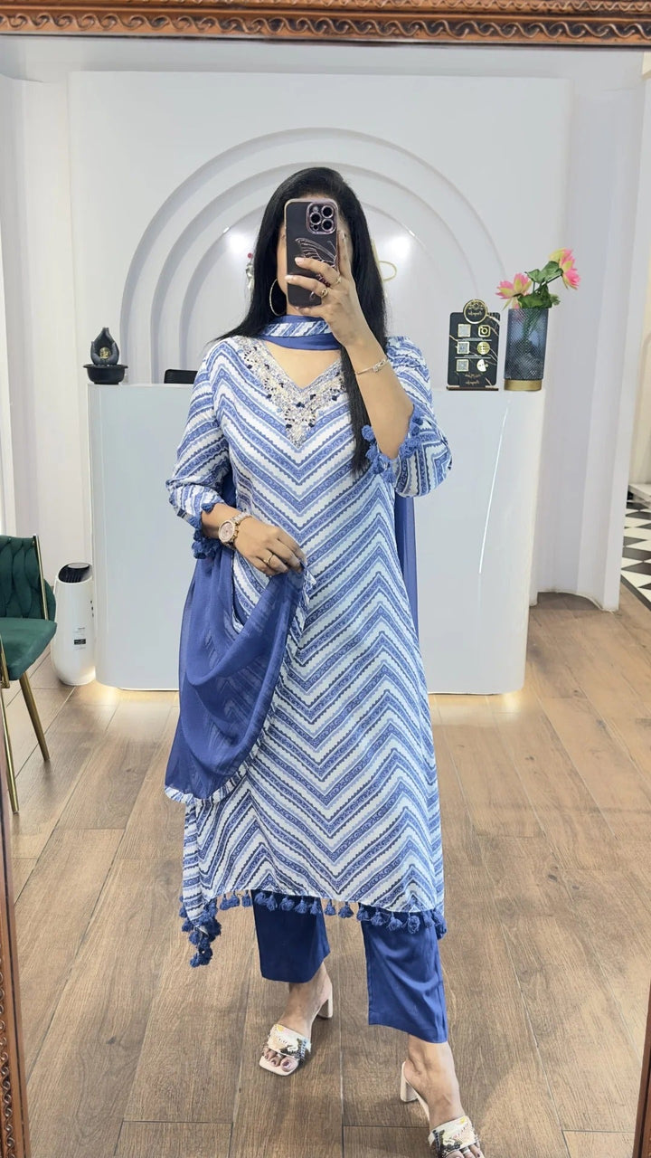 Elegant Blue Zigzag Kurta Set for Women Premium Ethnic Wear
